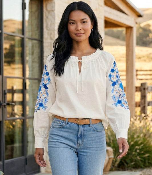 Embroidered Blouson Sleeve Tie-Neck Peasant Top